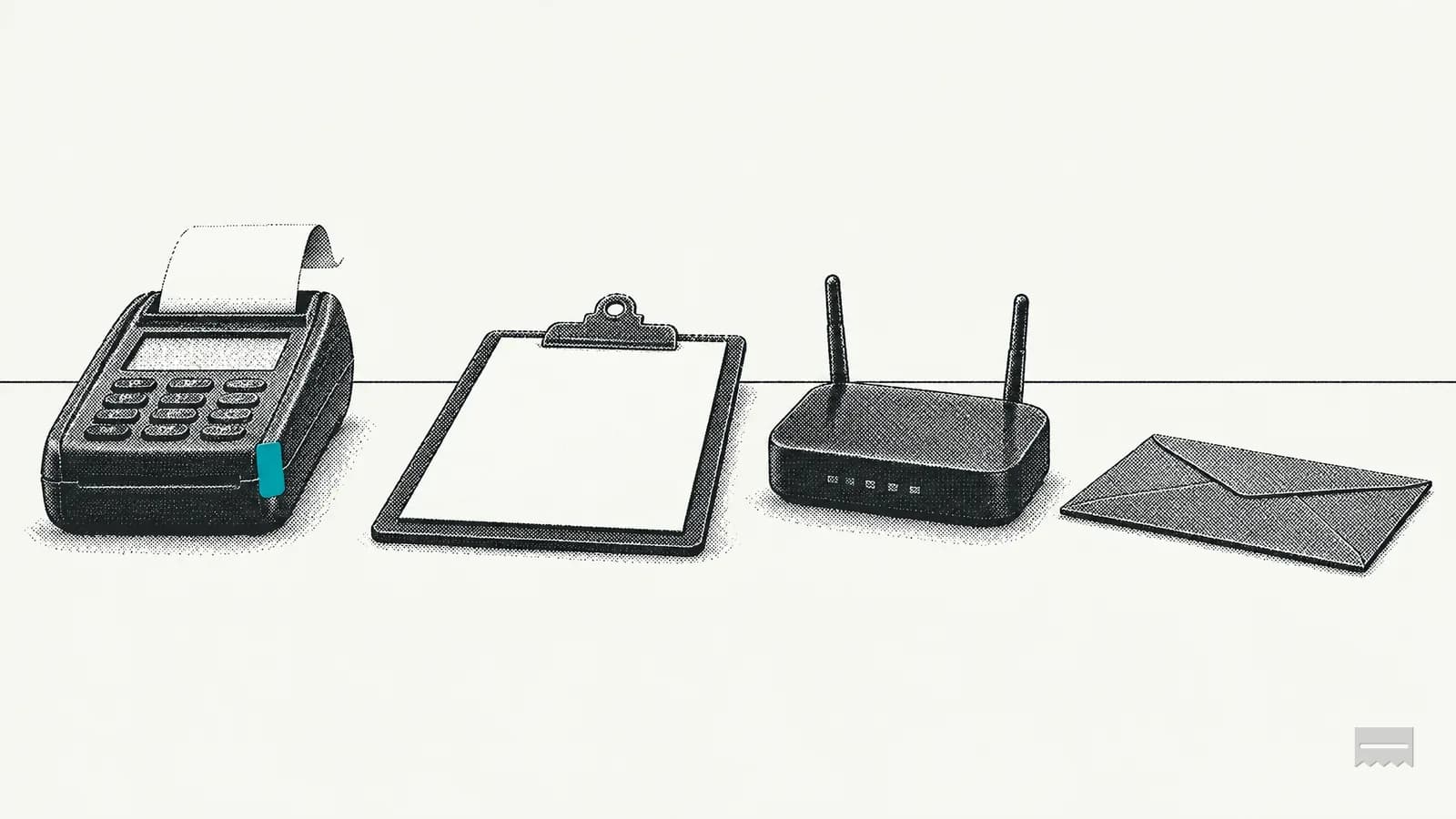 Dithered print of a card terminal, a clipboard, a router and an envelope in a row on a counter