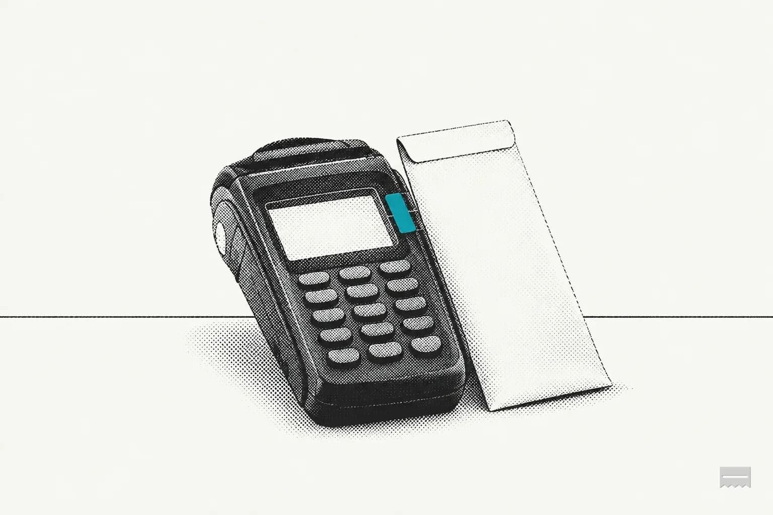 Dithered print of a sealed envelope leaning on a card terminal
