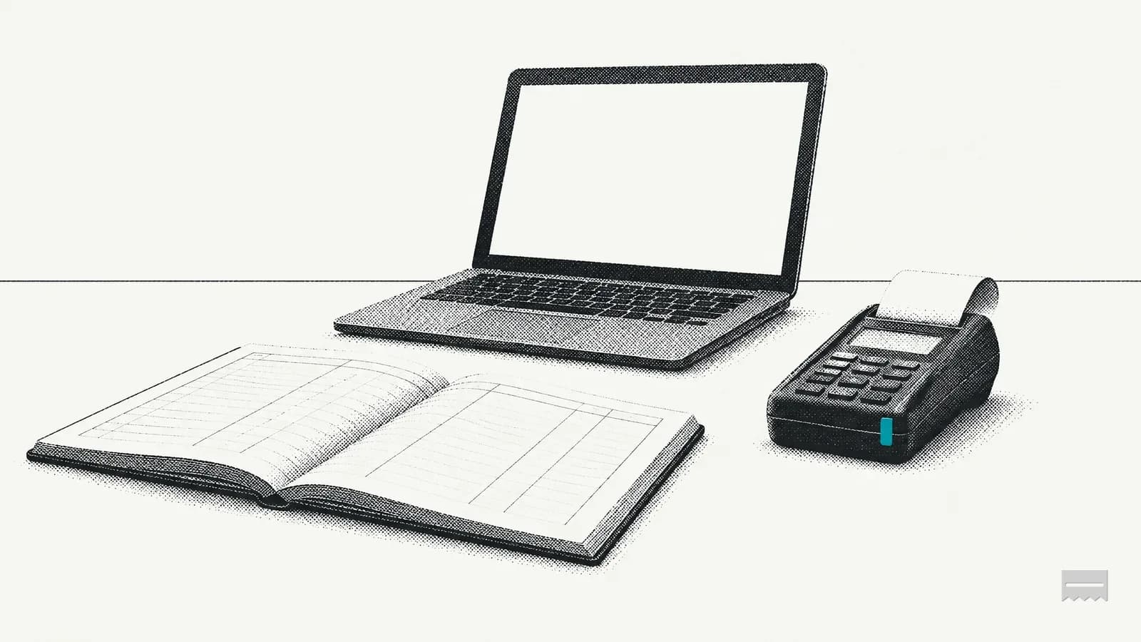 Dithered print of a bookkeeper's desk with an open ledger, a laptop and a card reader