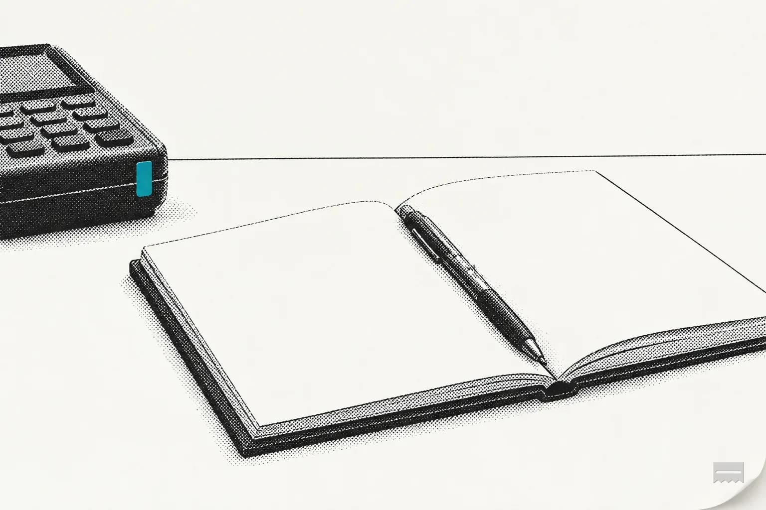 Dithered print of an open ledger with blank columns and a pen
