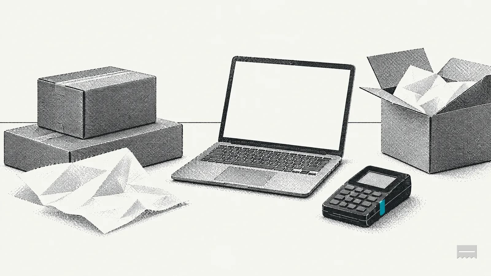 Dithered print of a packing table with parcels and a laptop showing a blank storefront