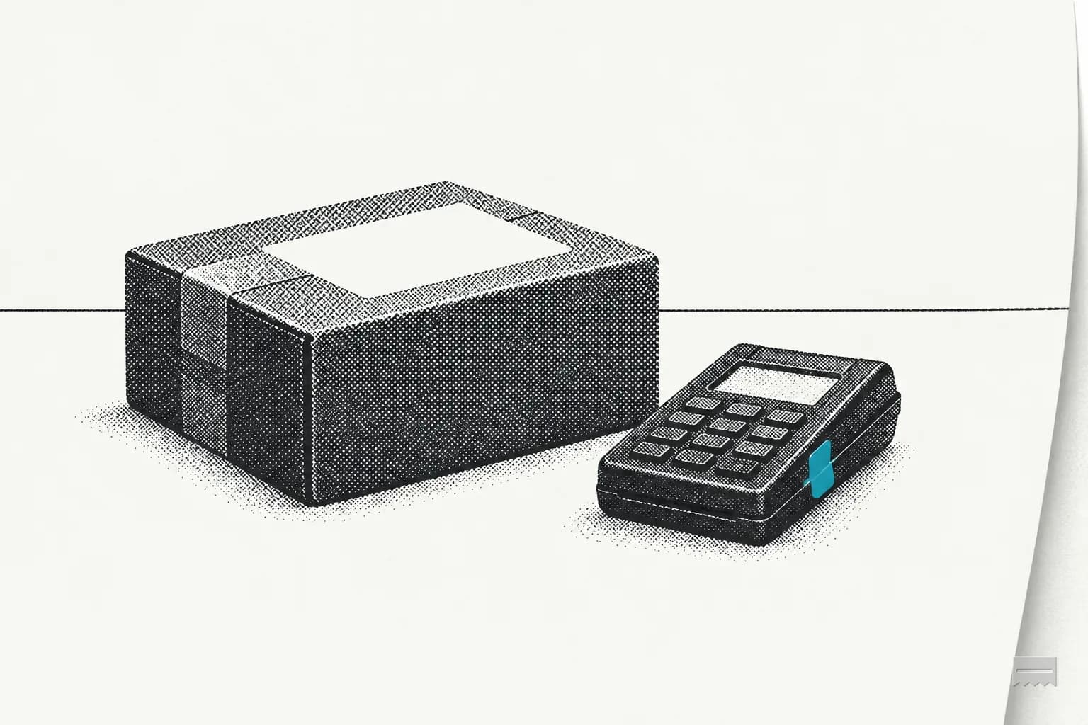 Dithered print of a parcel with a blank label beside a small card reader