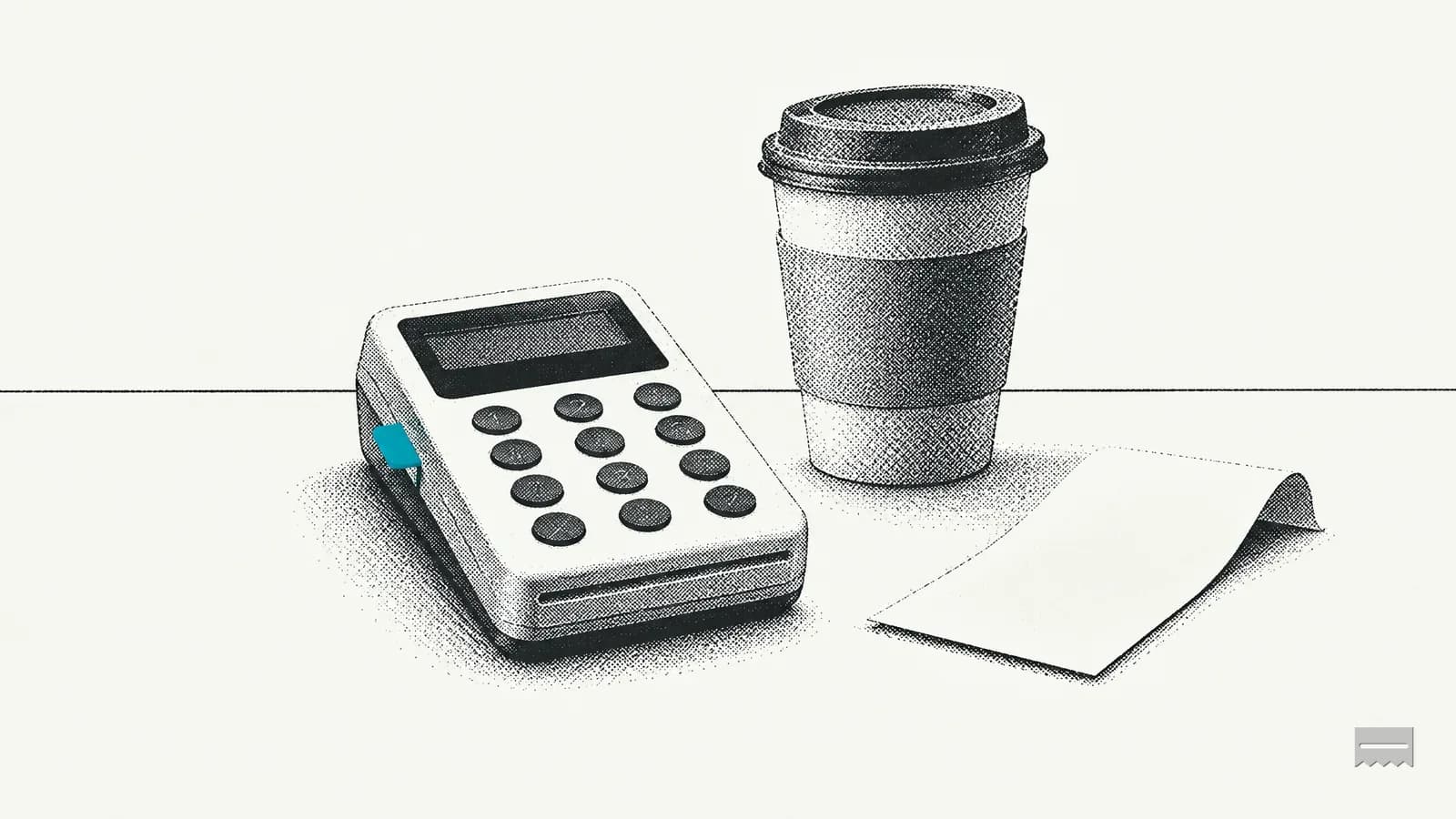 Dithered print of a small card reader beside a coffee cup on a café counter
