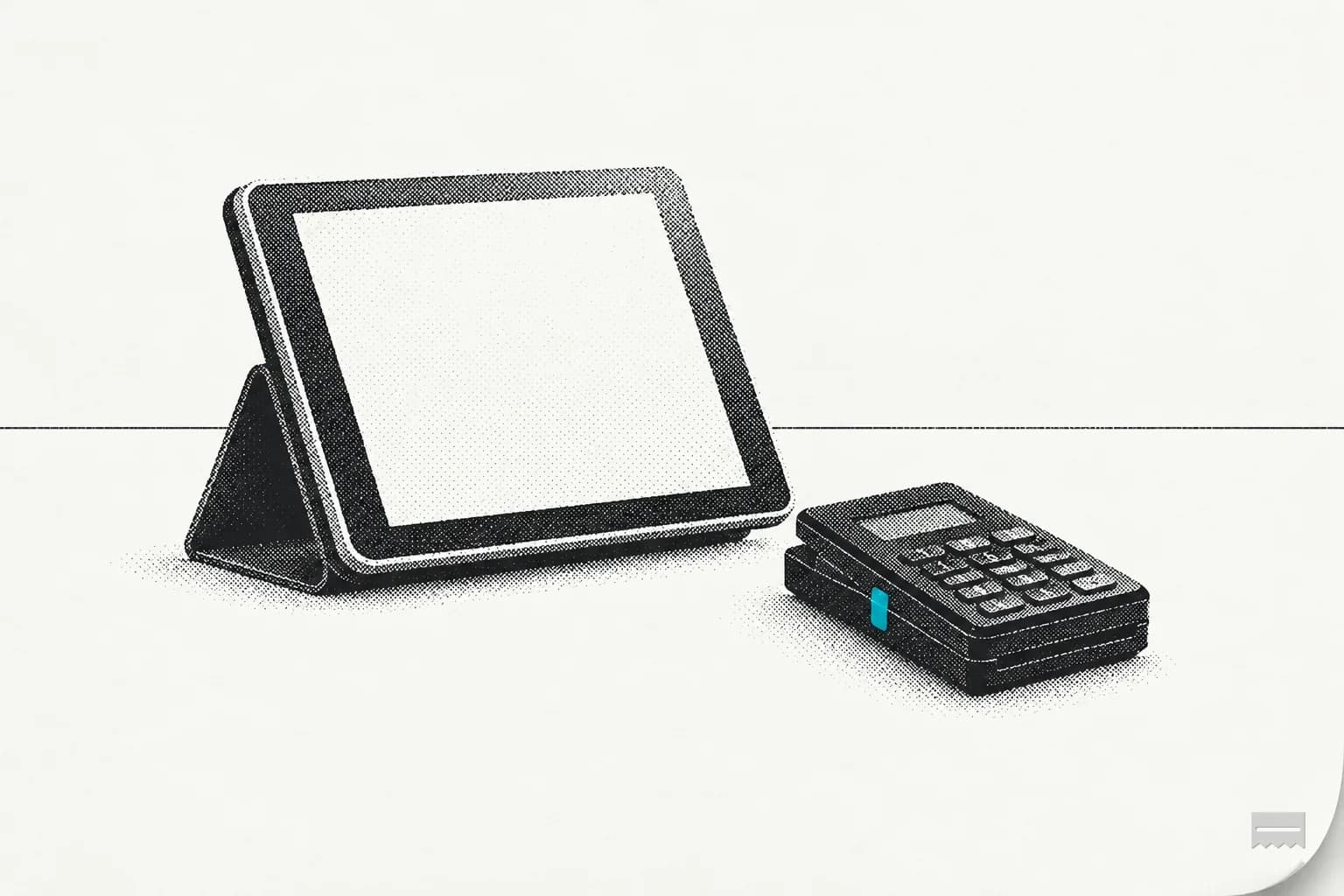 Dithered print of a tablet on a stand with a card reader at a market stall