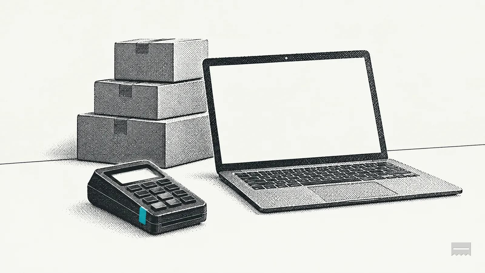 Dithered print of a home office with a laptop showing a blank checkout page and parcel boxes