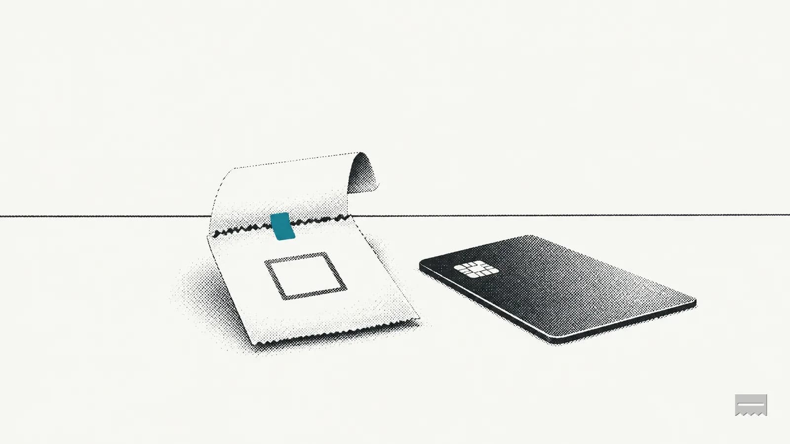 Dithered print of a folded paper stub with a blank square printed on it, beside a chip card on a counter