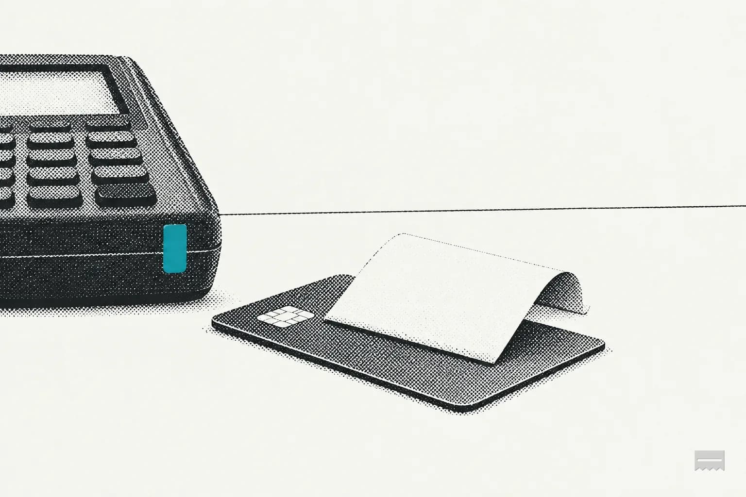 Dithered print of a plain ticket stub lying across a chip card