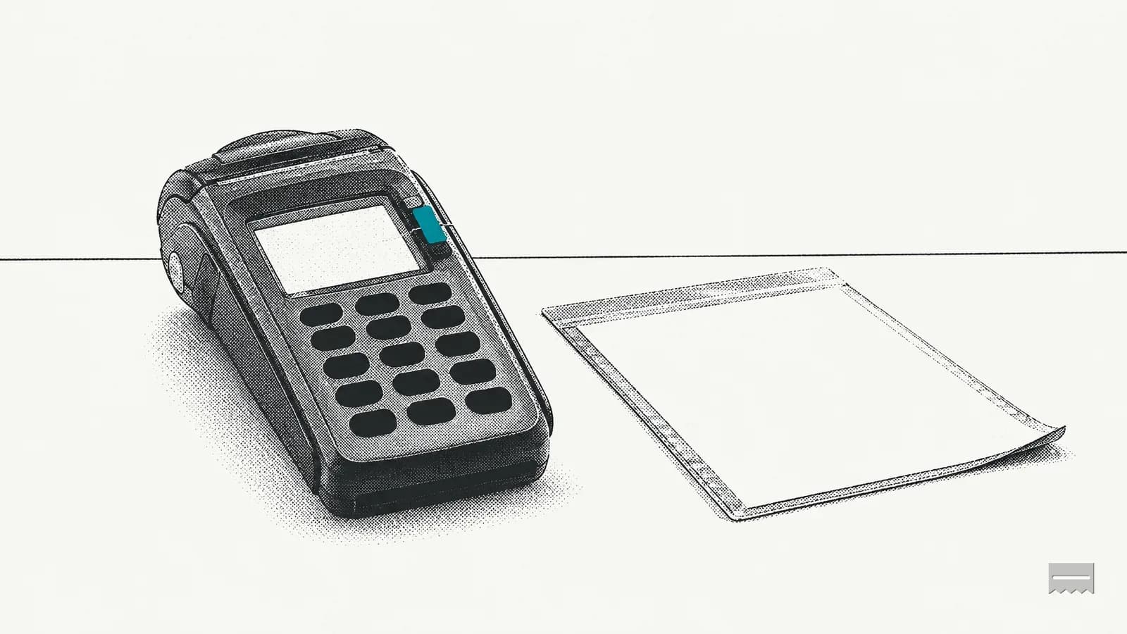 Dithered print of a blank sheet in a clear sleeve beside a card terminal