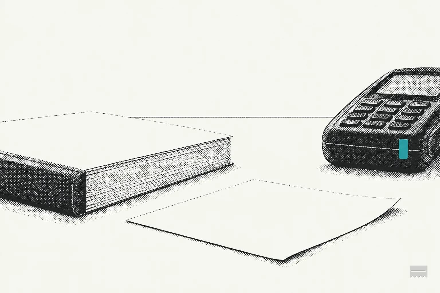 Dithered print of a single sheet beside a thick bound report