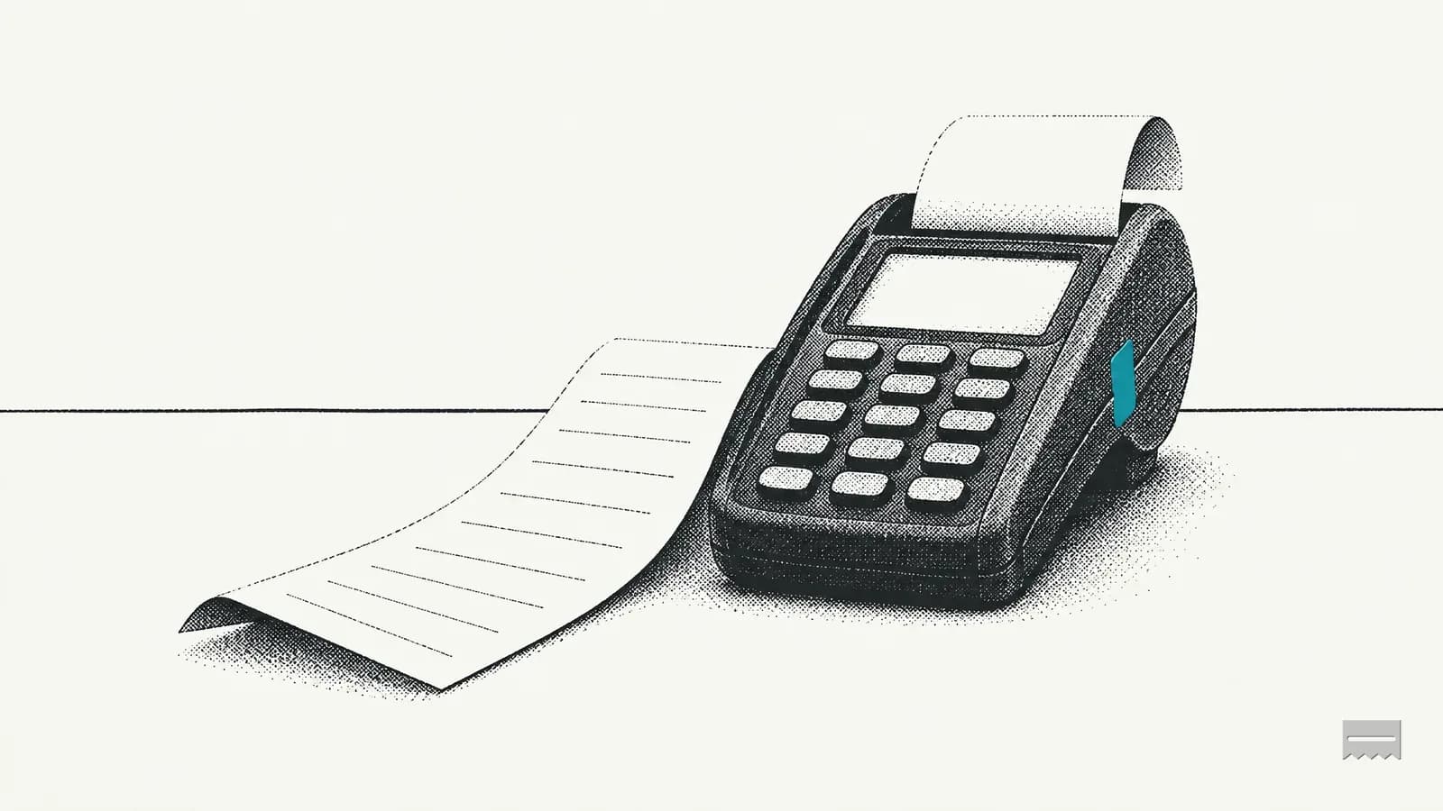 Dithered print of a card terminal with a long printed receipt running across the counter