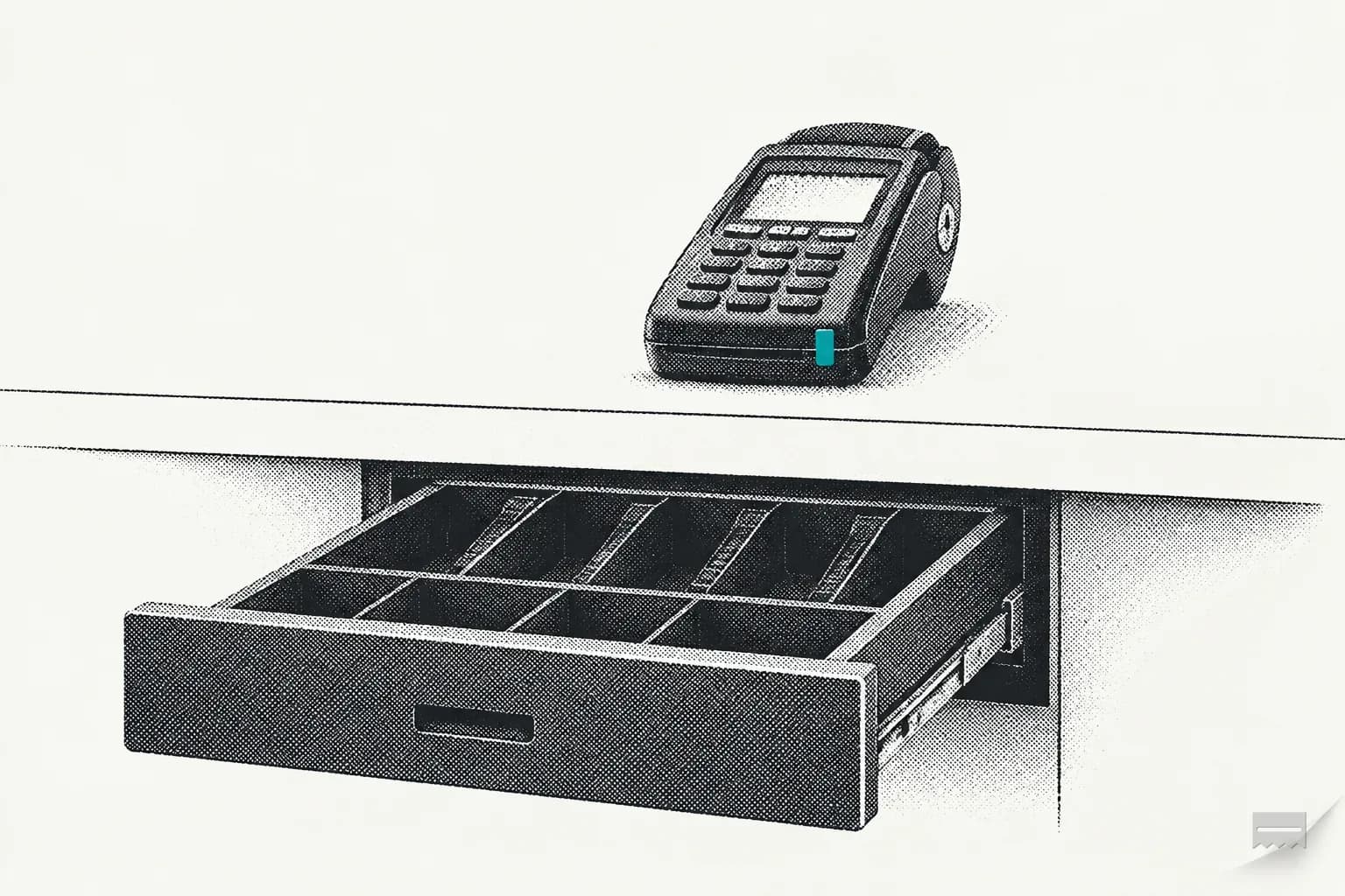 Dithered print of an open empty till drawer under a card terminal
