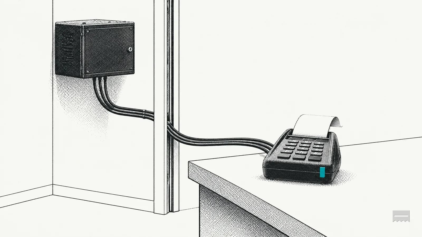 Dithered print of a wall-mounted network box with cables running to a card terminal