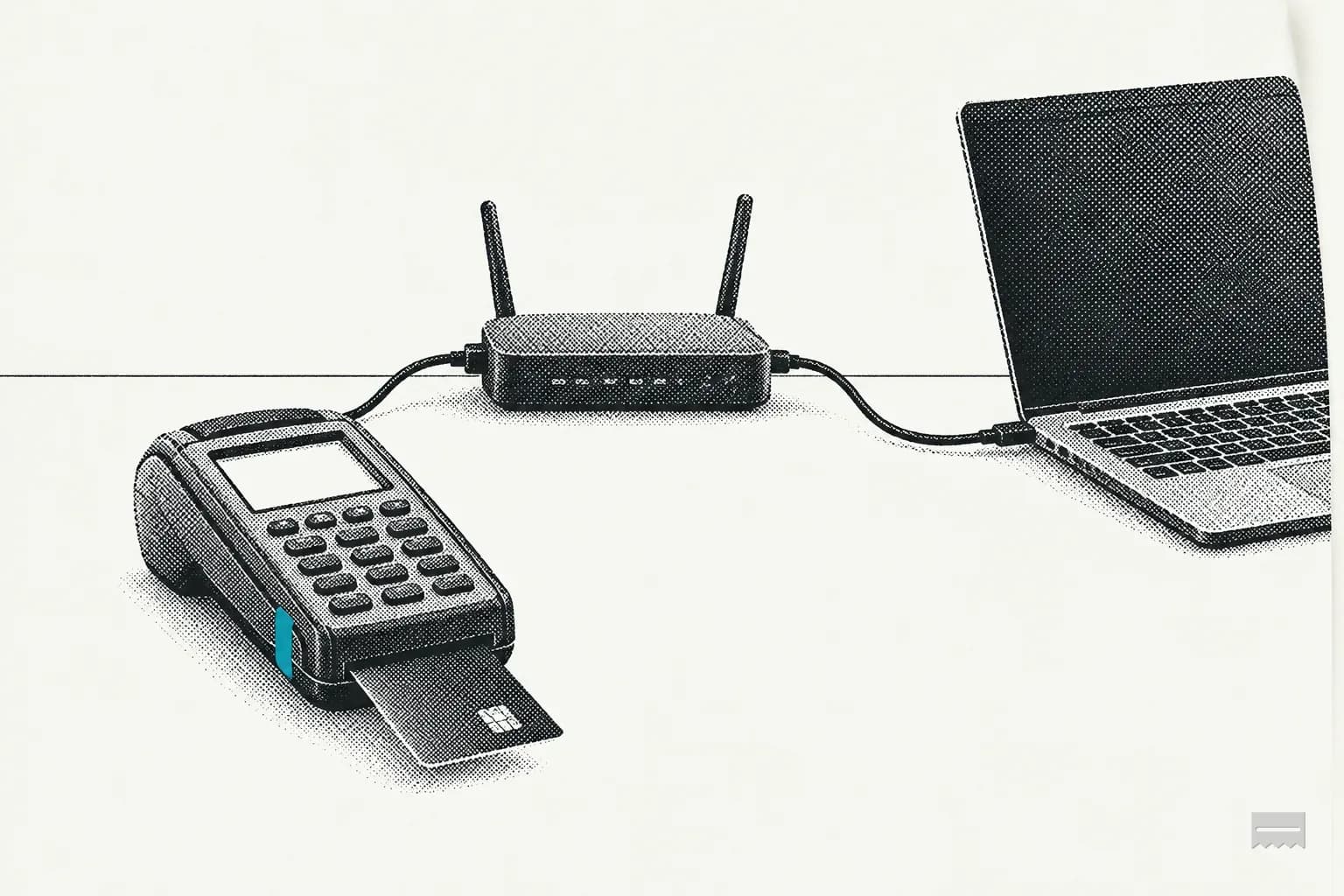 Dithered print of a router with one cable to a card terminal and one to a laptop