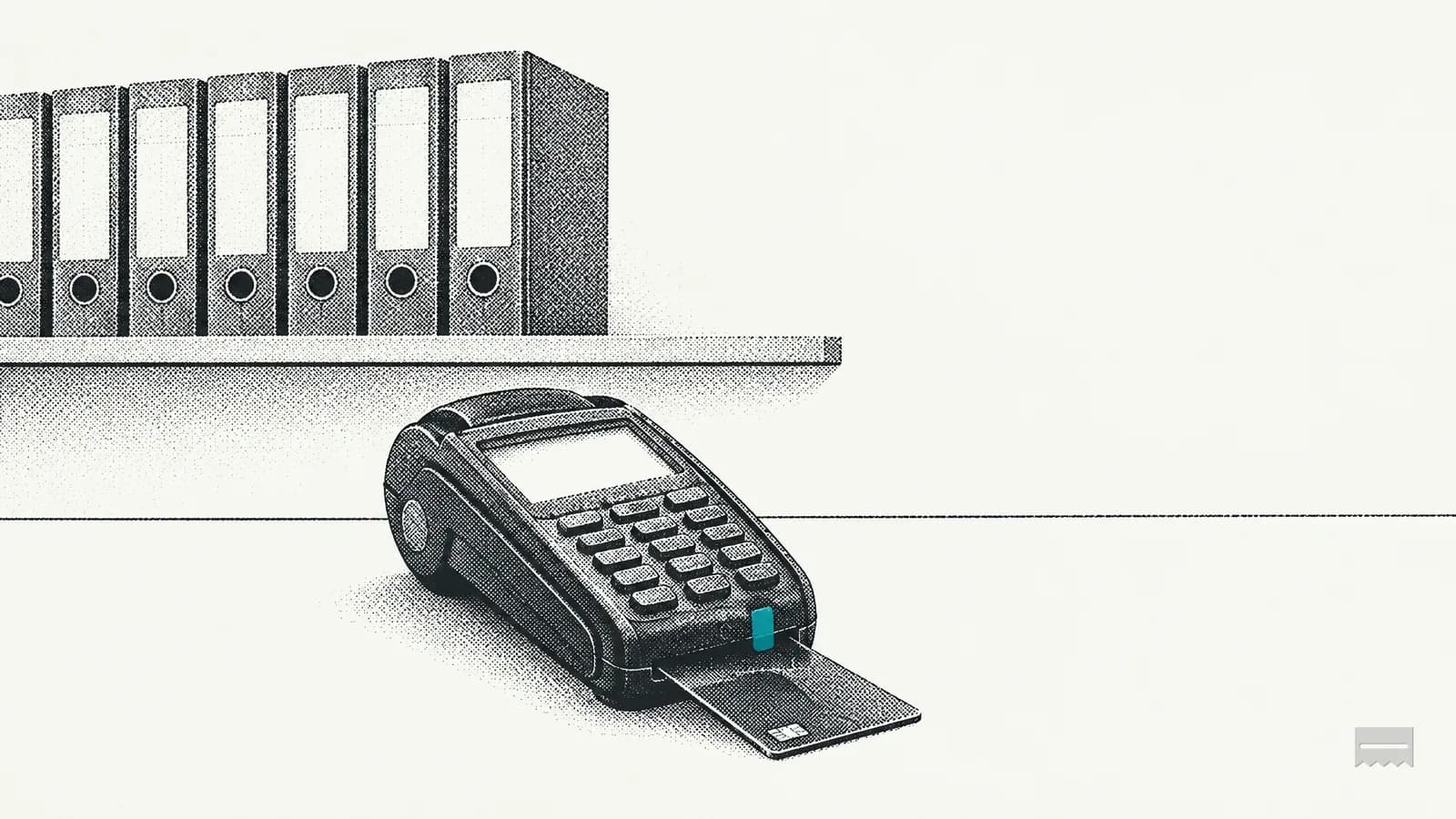 Dithered print of a row of folders on a shelf behind a card terminal