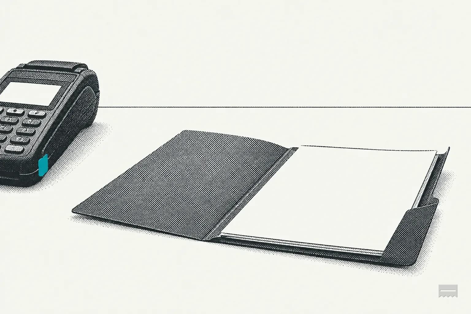 Dithered print of an open folder with blank pages