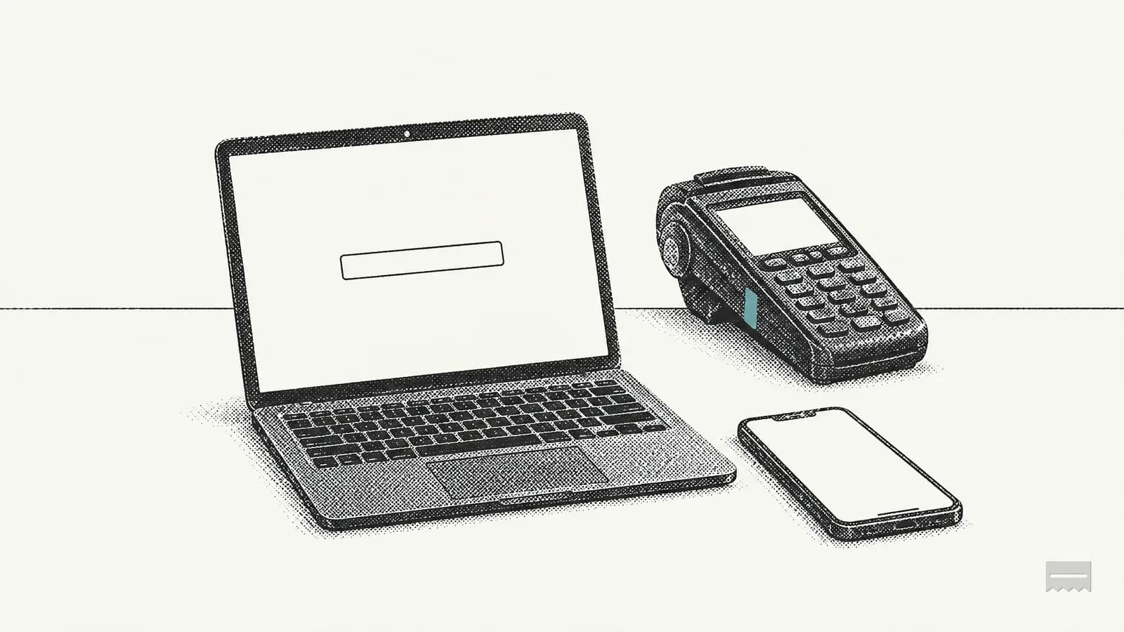 Dithered print of a laptop with an empty password box and a phone with a blank screen