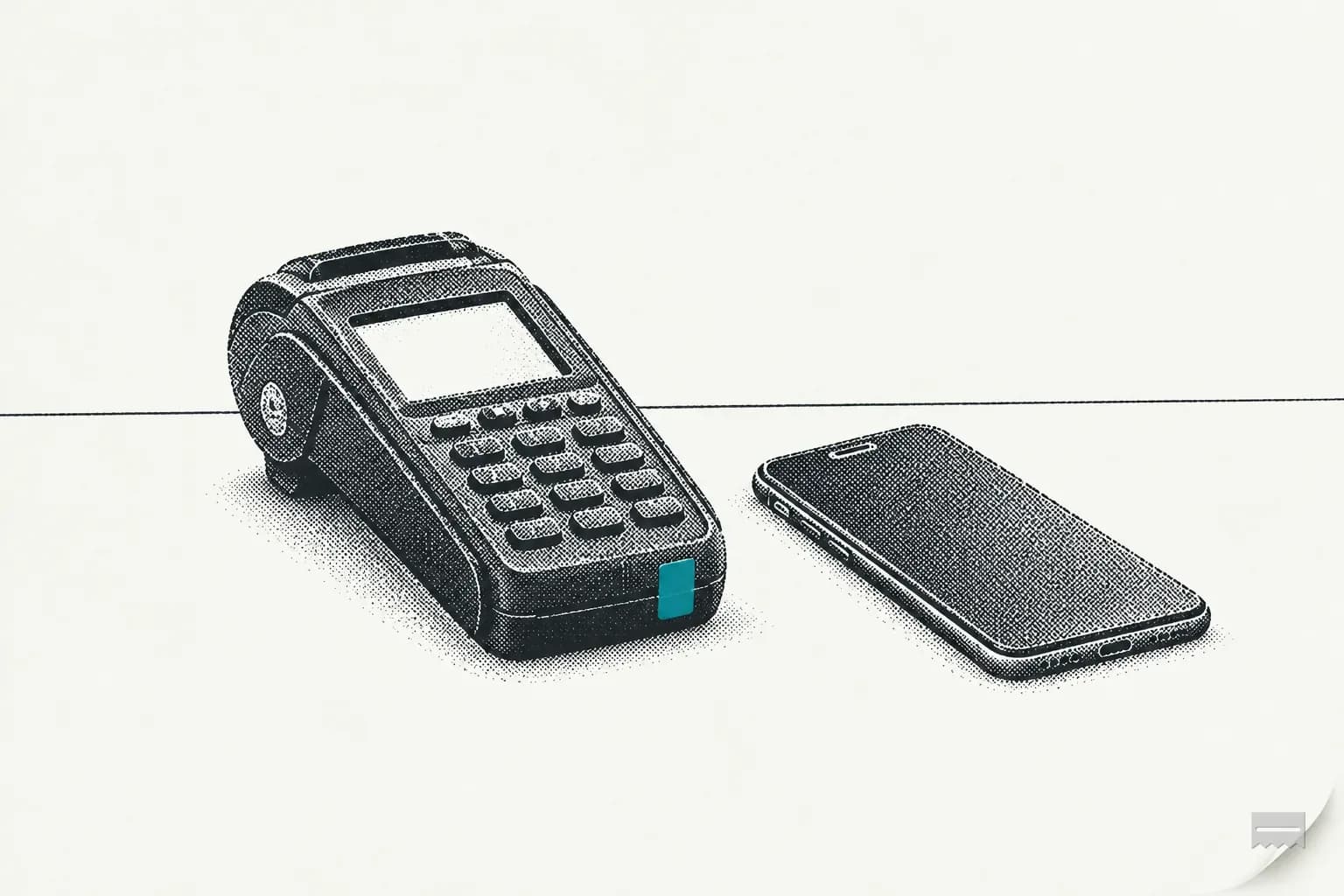 Dithered print of a phone with a blank screen beside a card terminal