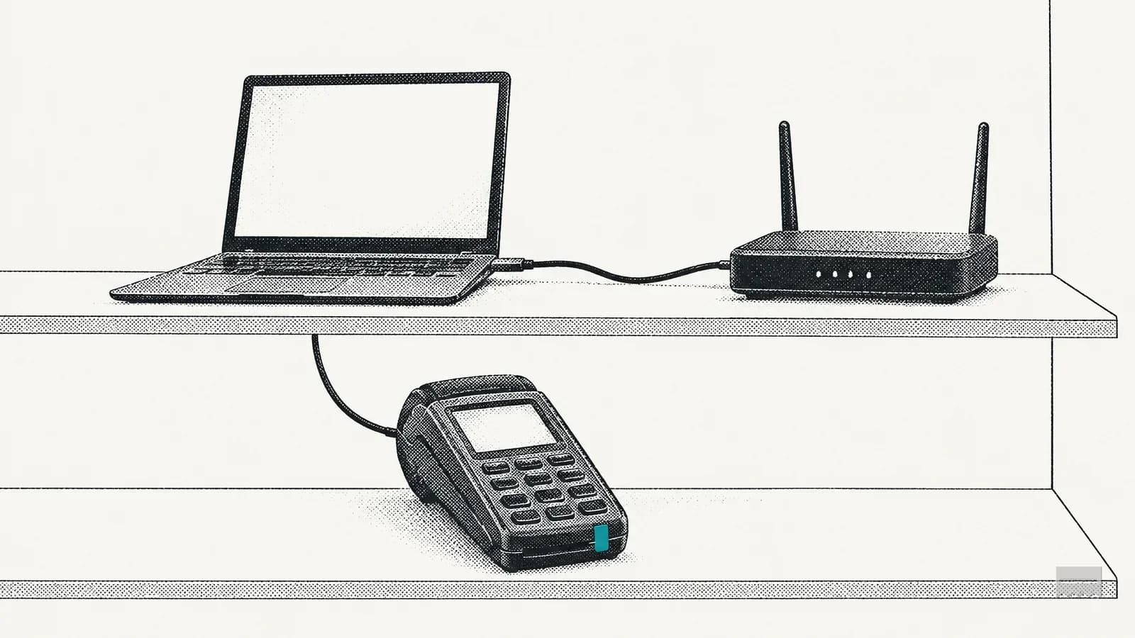Dithered print of a laptop cabled to a router on a back-office shelf