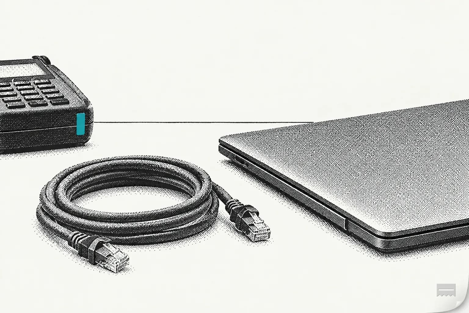 Dithered print of a coiled network cable beside a closed laptop