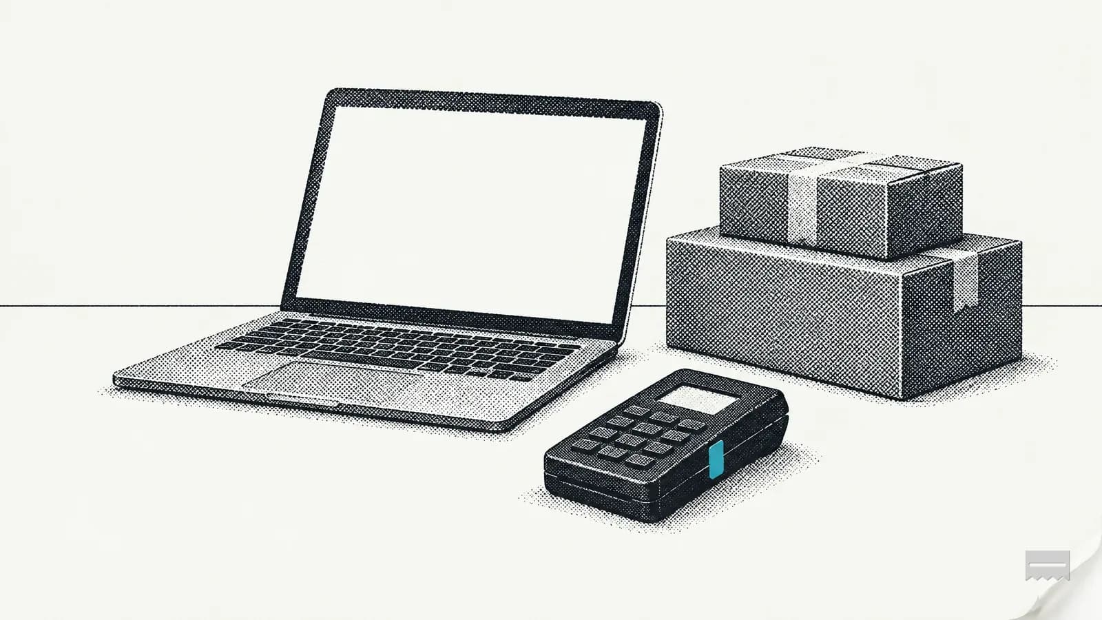 Dithered print of a laptop with a blank screen, a small card reader and two parcels on a table