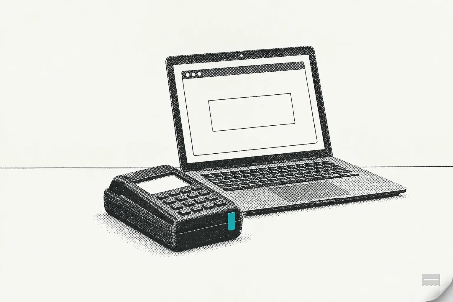 Dithered print of a laptop screen showing a window with an empty embedded box