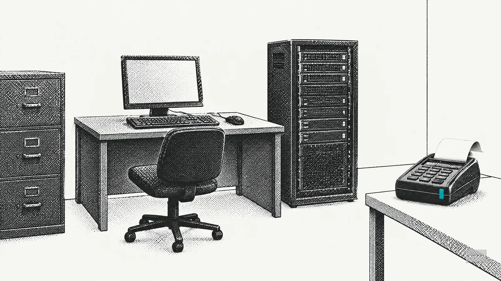 Dithered print of a crowded back office with a computer, a server tower and a filing cabinet