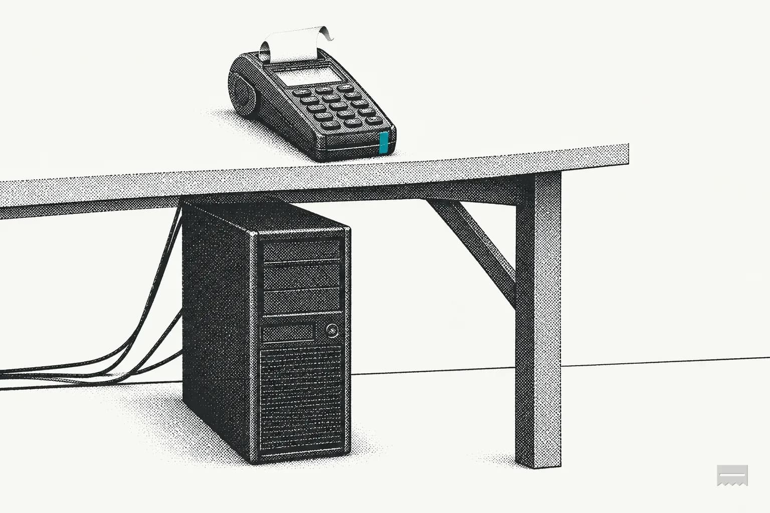 Dithered print of a server tower under a desk with a card terminal above