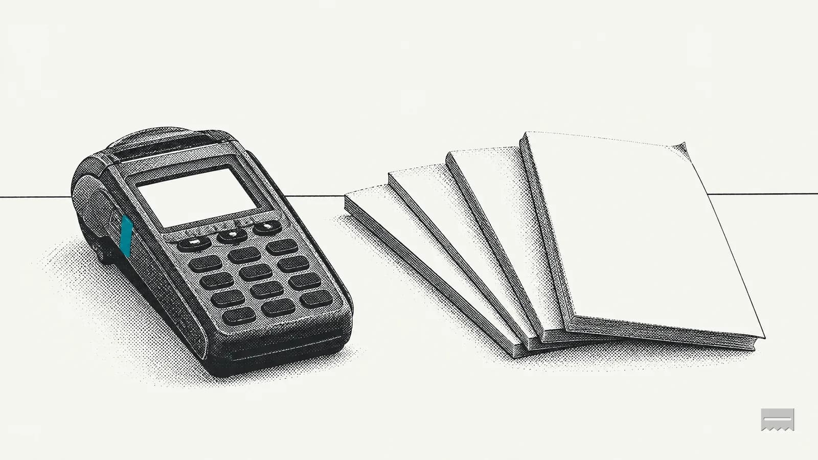 Dithered print of four blank booklets fanned out beside a card terminal