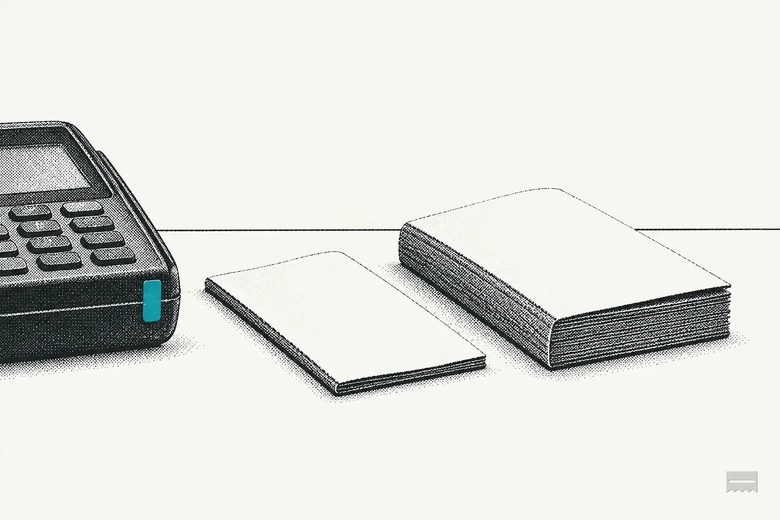 Dithered print of a thin booklet beside a thick booklet