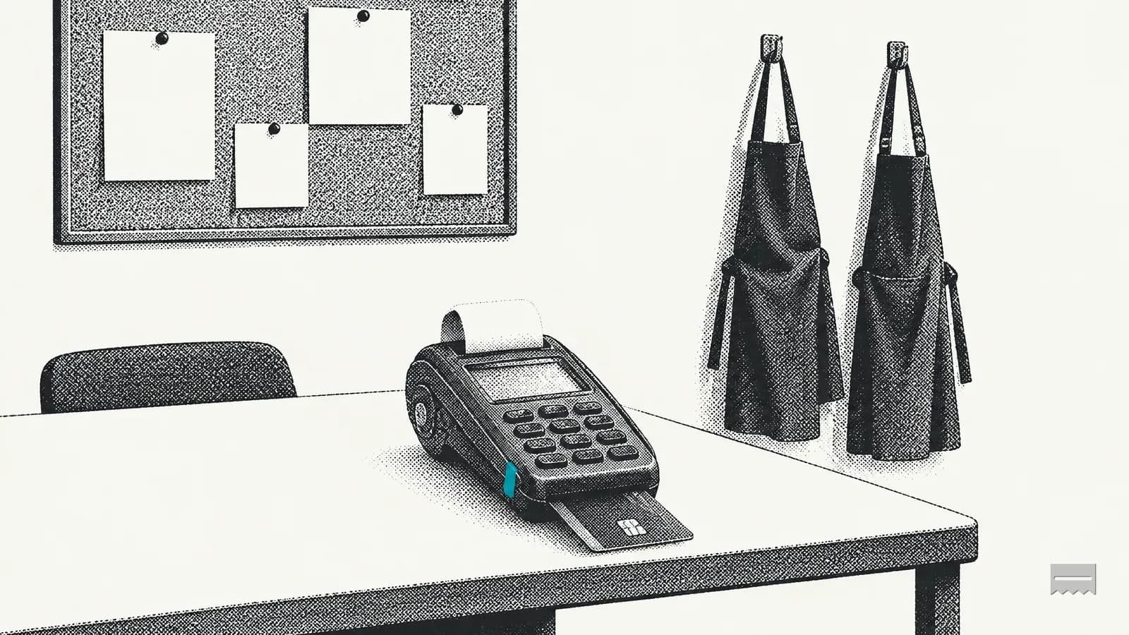 Dithered print of a staff room with a corkboard of blank sheets, aprons on hooks and a card terminal
