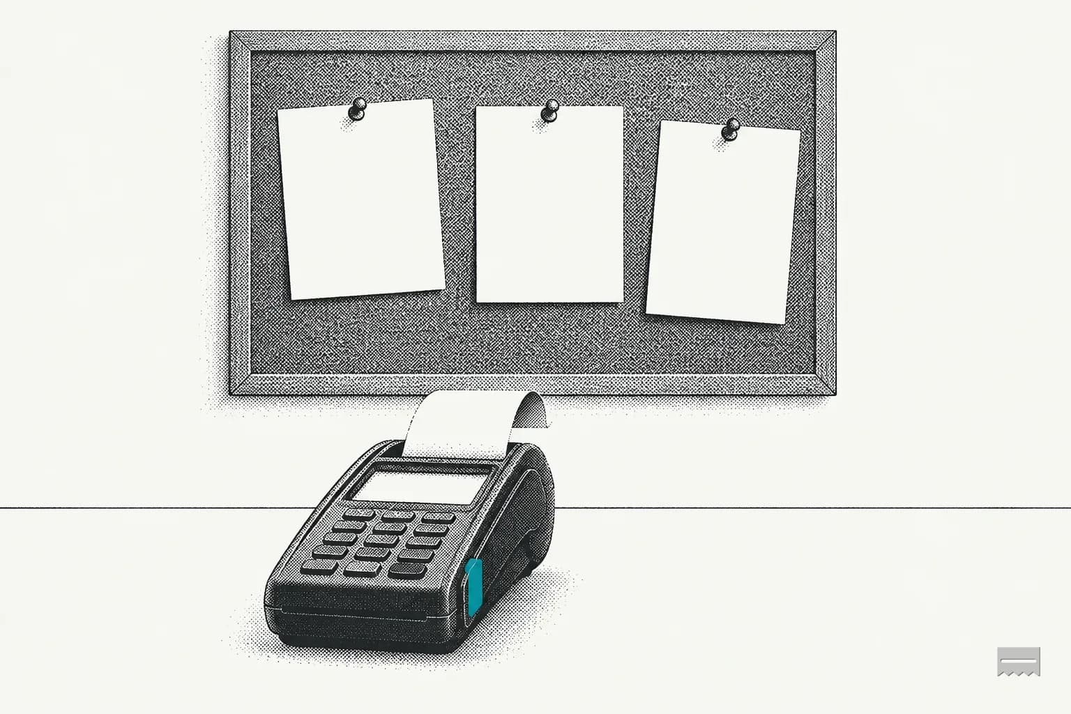 Dithered print of a corkboard with blank pinned sheets above a card terminal