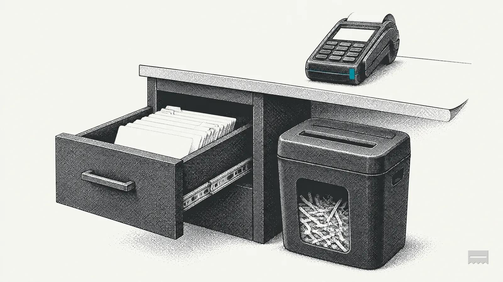 Dithered print of an open filing drawer with blank cards beside a paper shredder