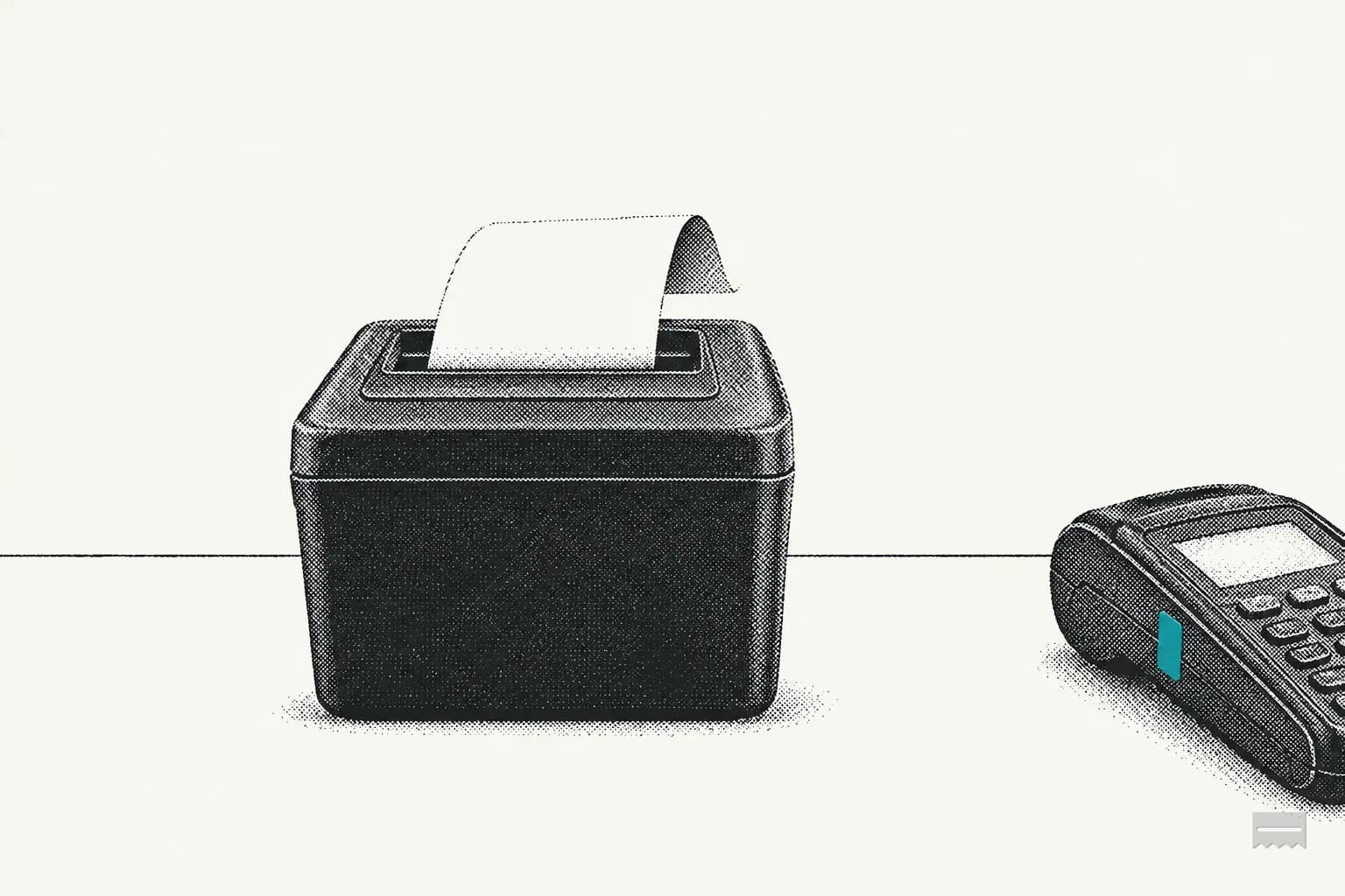 Dithered print of a paper shredder taking a strip of blank paper