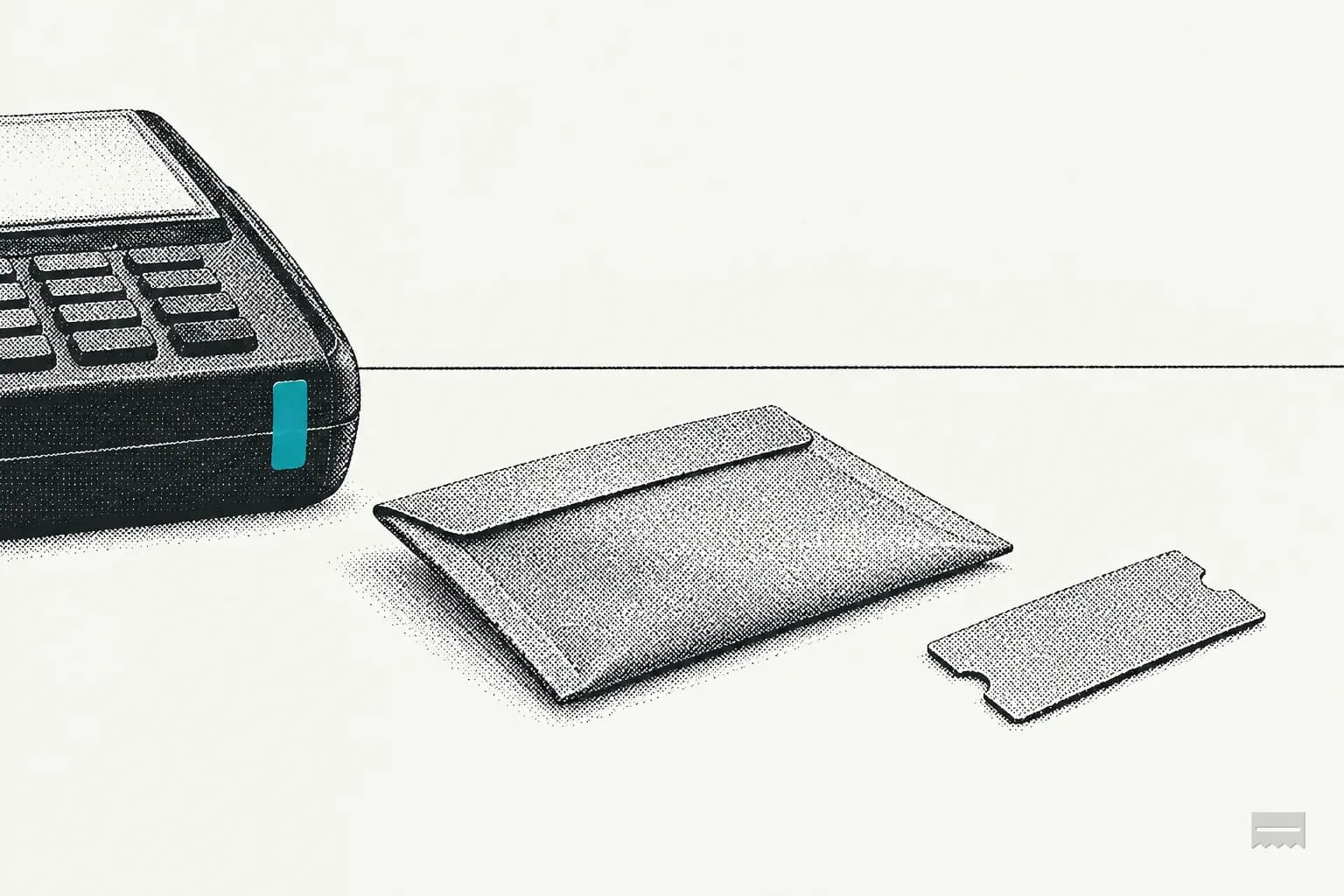 Dithered print of a sealed envelope next to a plain ticket stub