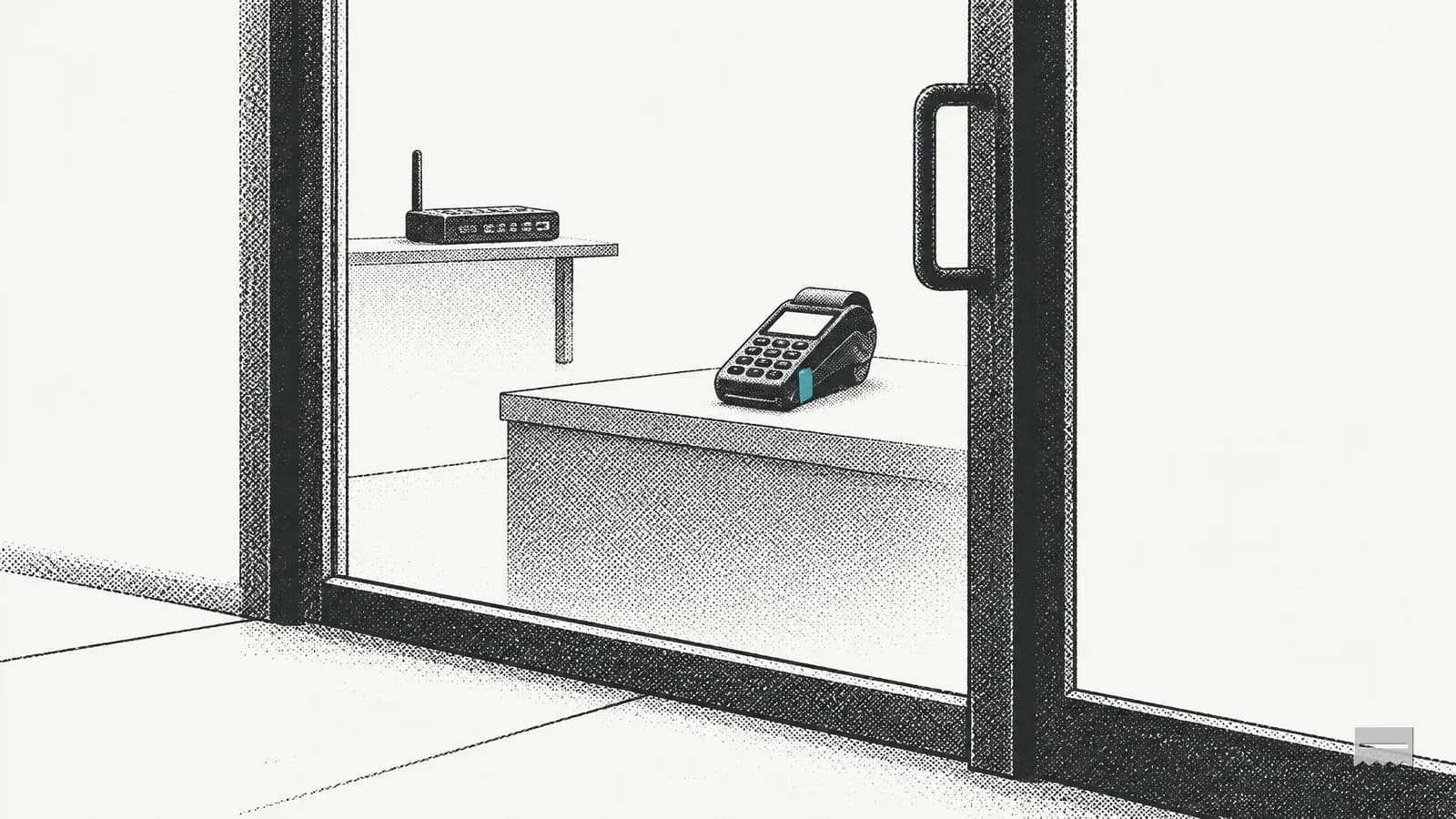 Dithered print of a shop front door with a router on a shelf and a card terminal inside