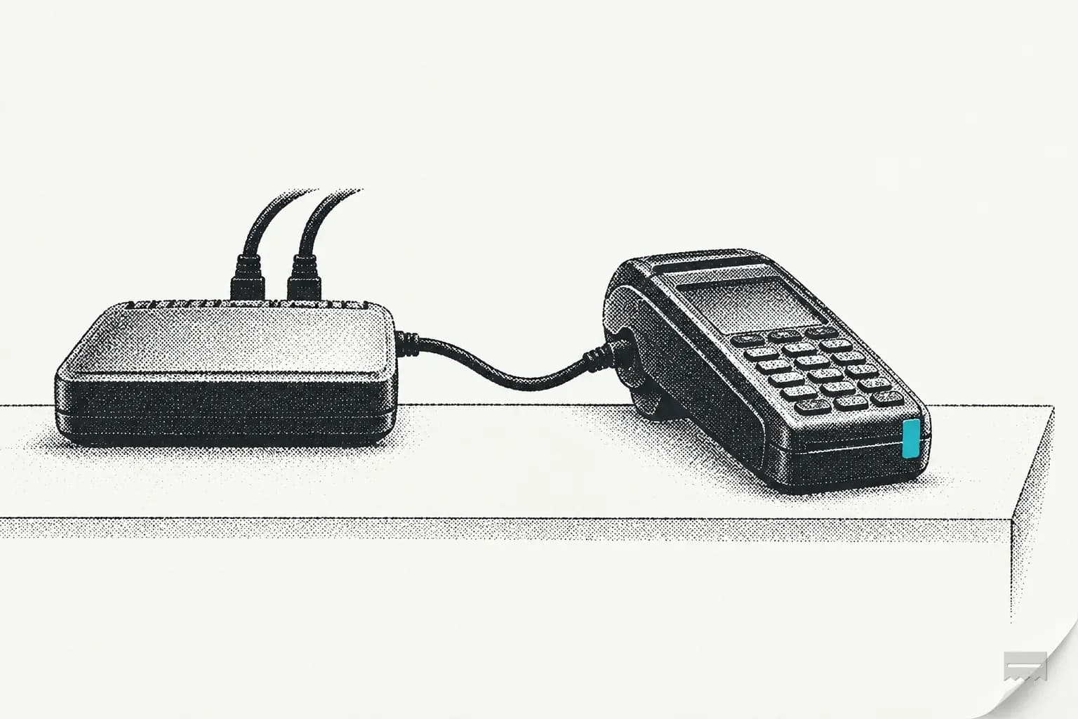 Dithered print of a small router on a shelf with a cable to a card terminal