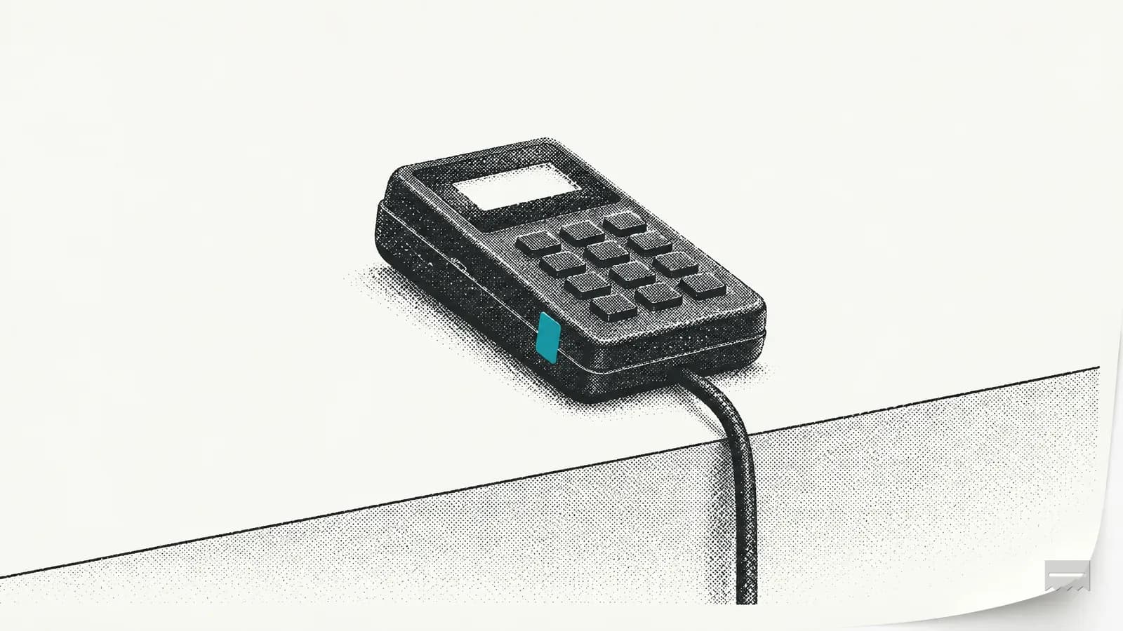 Dithered print of a PIN pad near the edge of a counter with its cable hanging over the side