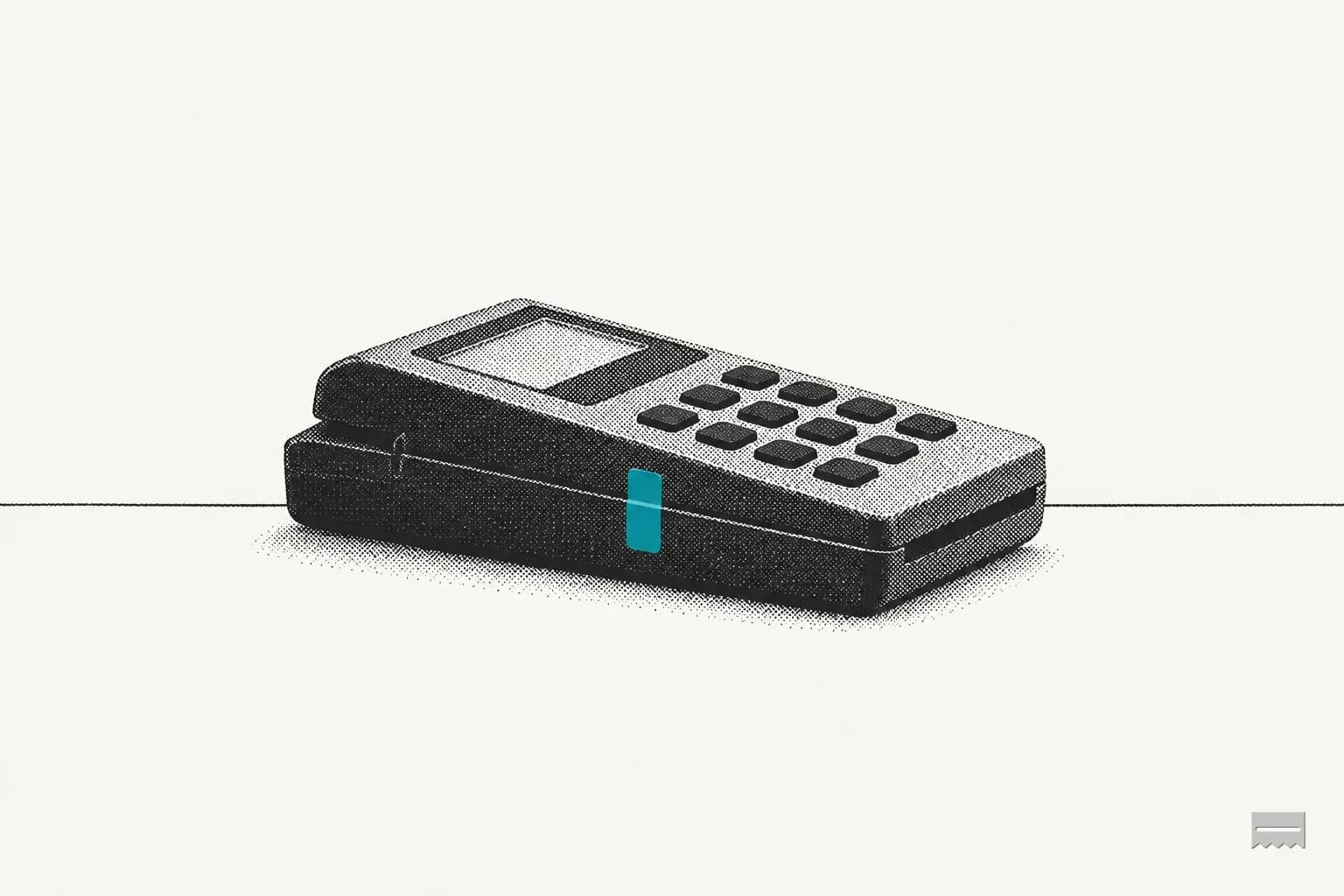 Dithered print of a PIN pad seen from the side with a seal across its seam
