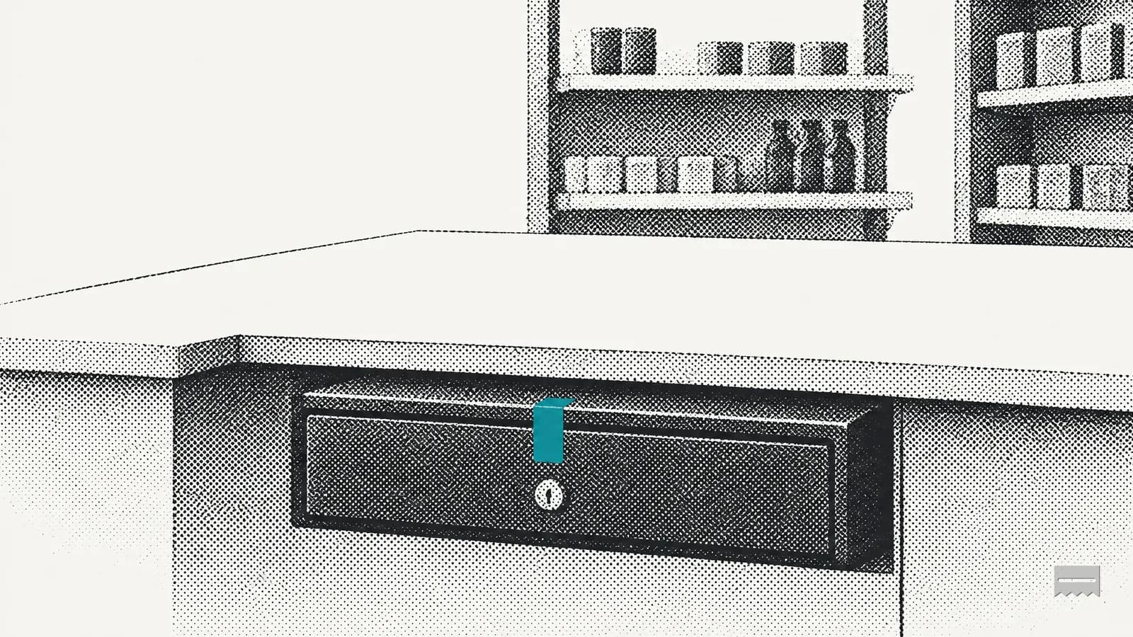 Dithered print of a locked cash drawer under a shop counter, with shelves of stock behind