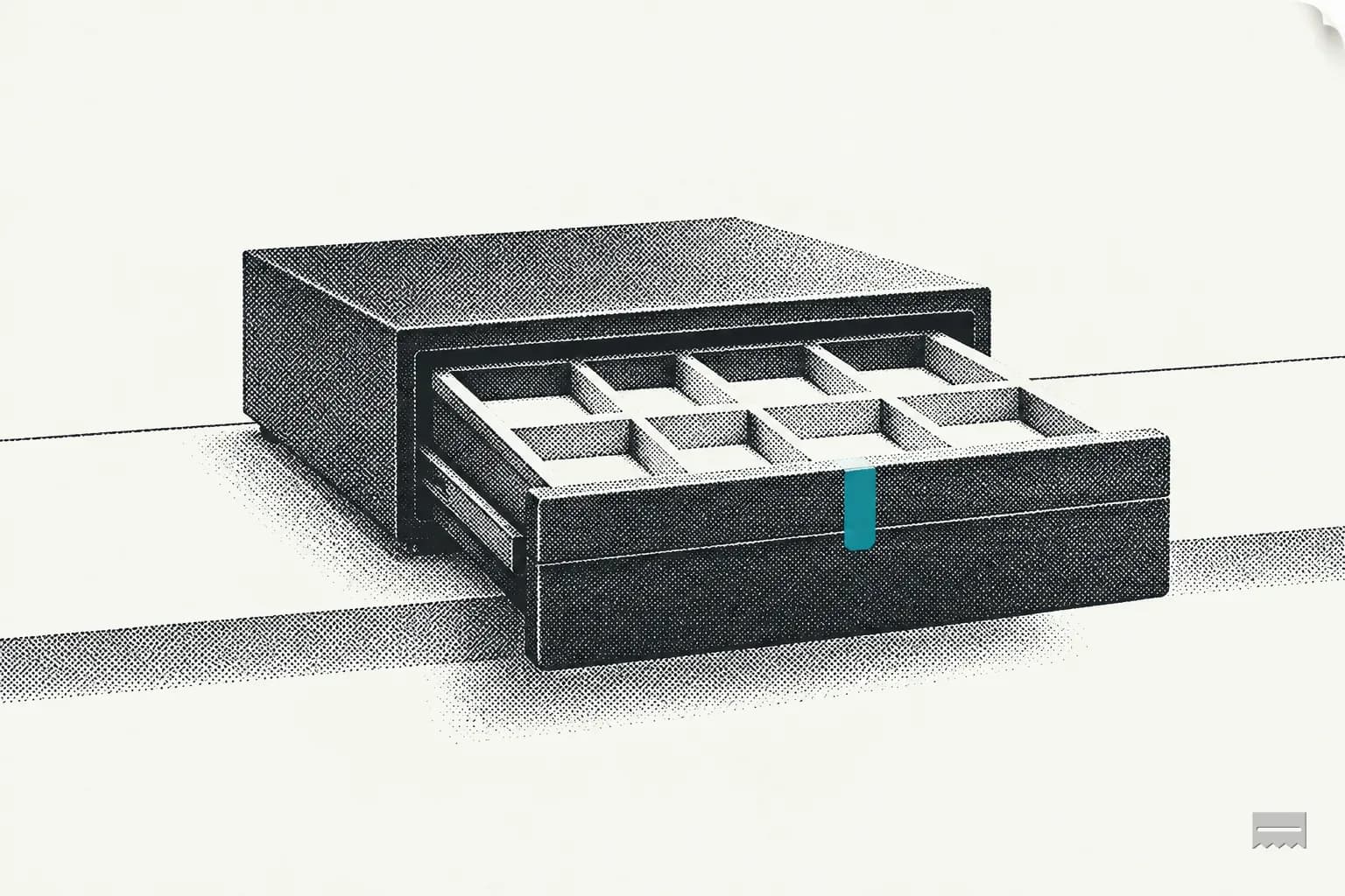 Dithered print of an open cash drawer with an empty coin tray on a counter