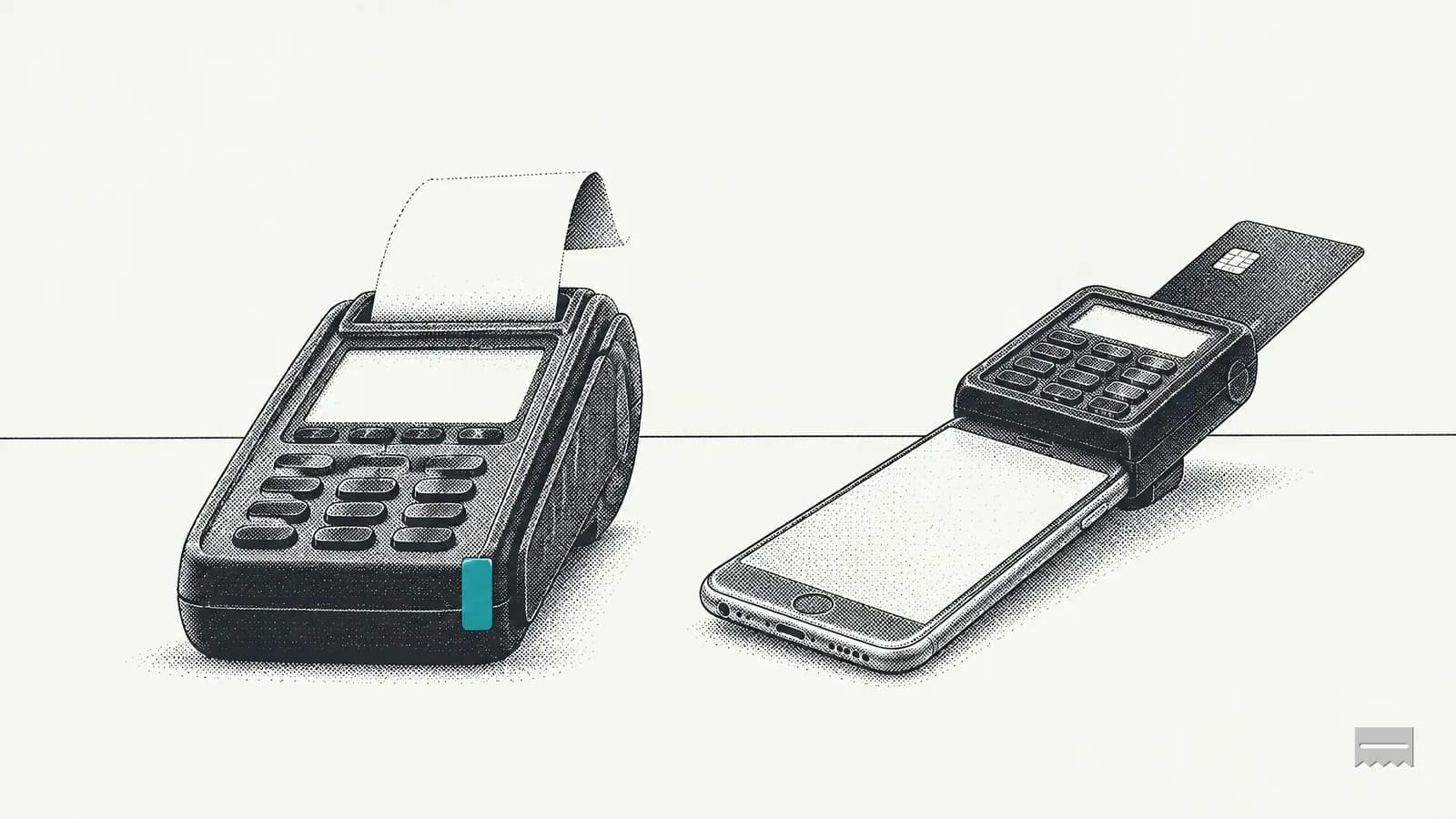 Dithered print of a card terminal printing a receipt beside a phone with a clip-on card reader holding a chip card