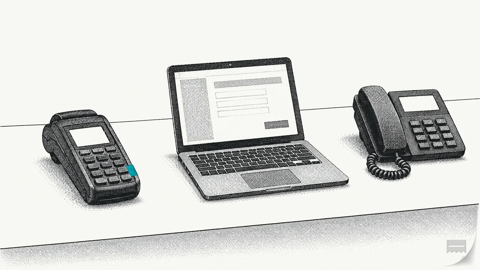 Dithered print of a shop counter with a card terminal, a laptop and a desk phone set apart