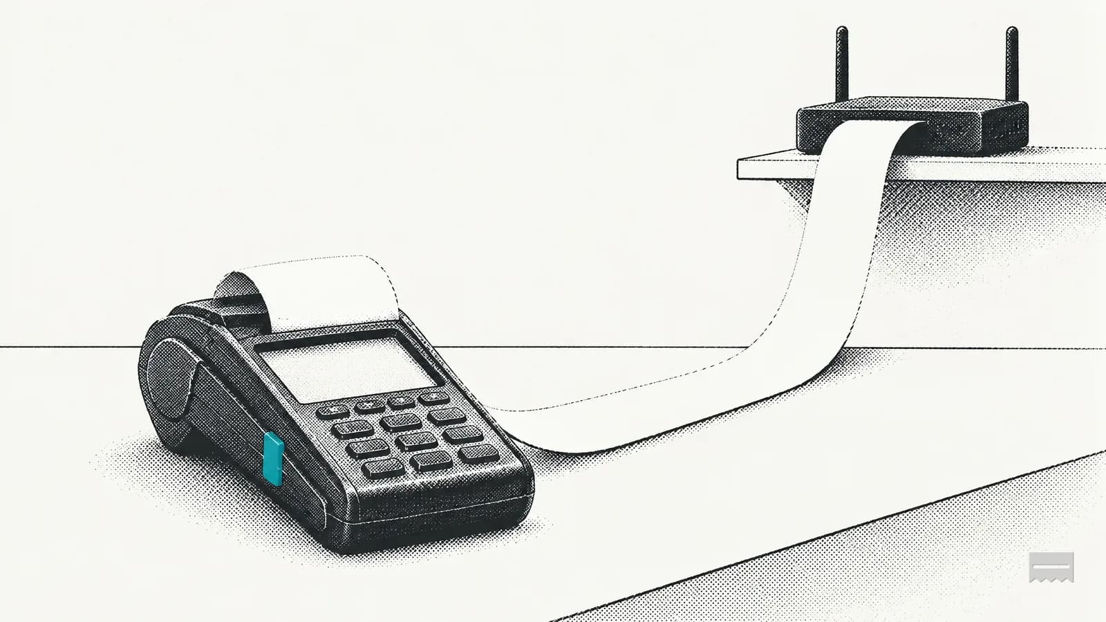 Dithered print of a long receipt running from a card terminal toward a router on a shelf