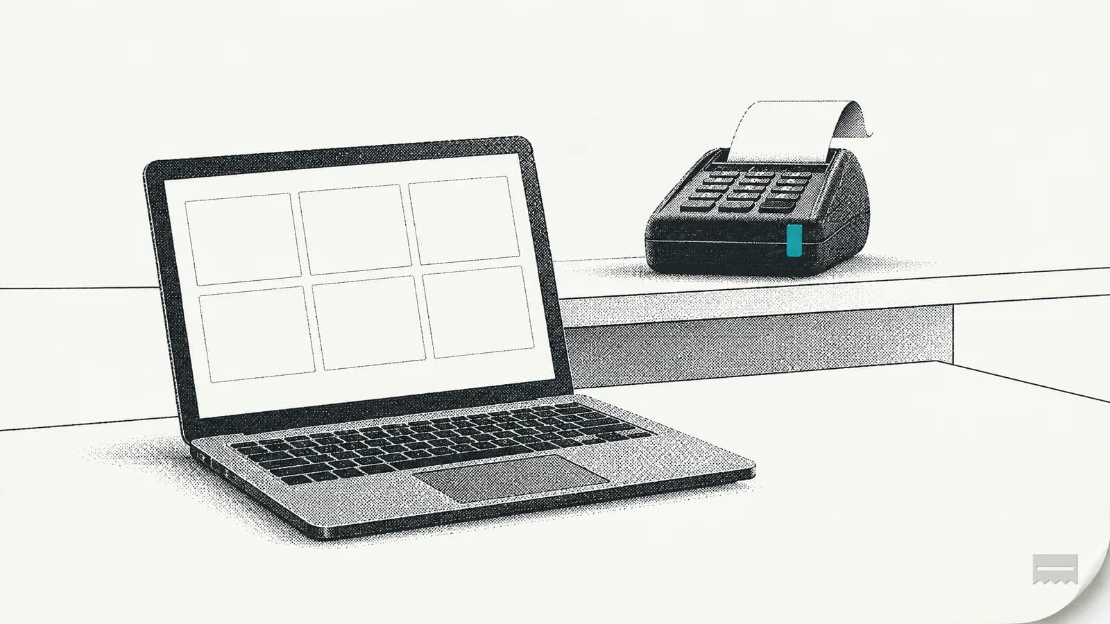 Dithered print of a laptop on a back-office desk with a card terminal on a shelf behind