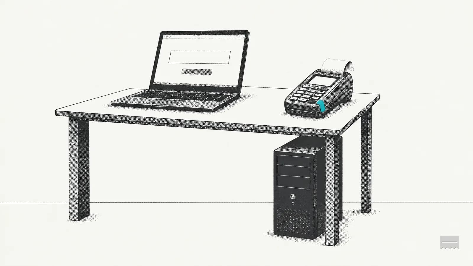 Dithered print of a laptop with a blank payment form above a server tower under the desk