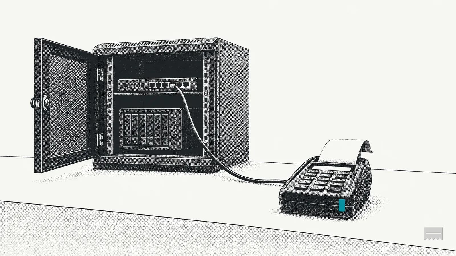 Dithered print of an open network cabinet with a cable running to a card terminal