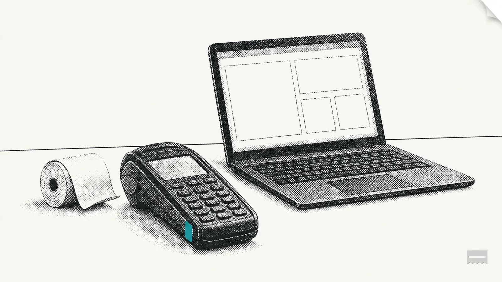 Dithered print of a laptop with a blank screen beside a card terminal on a back-office desk