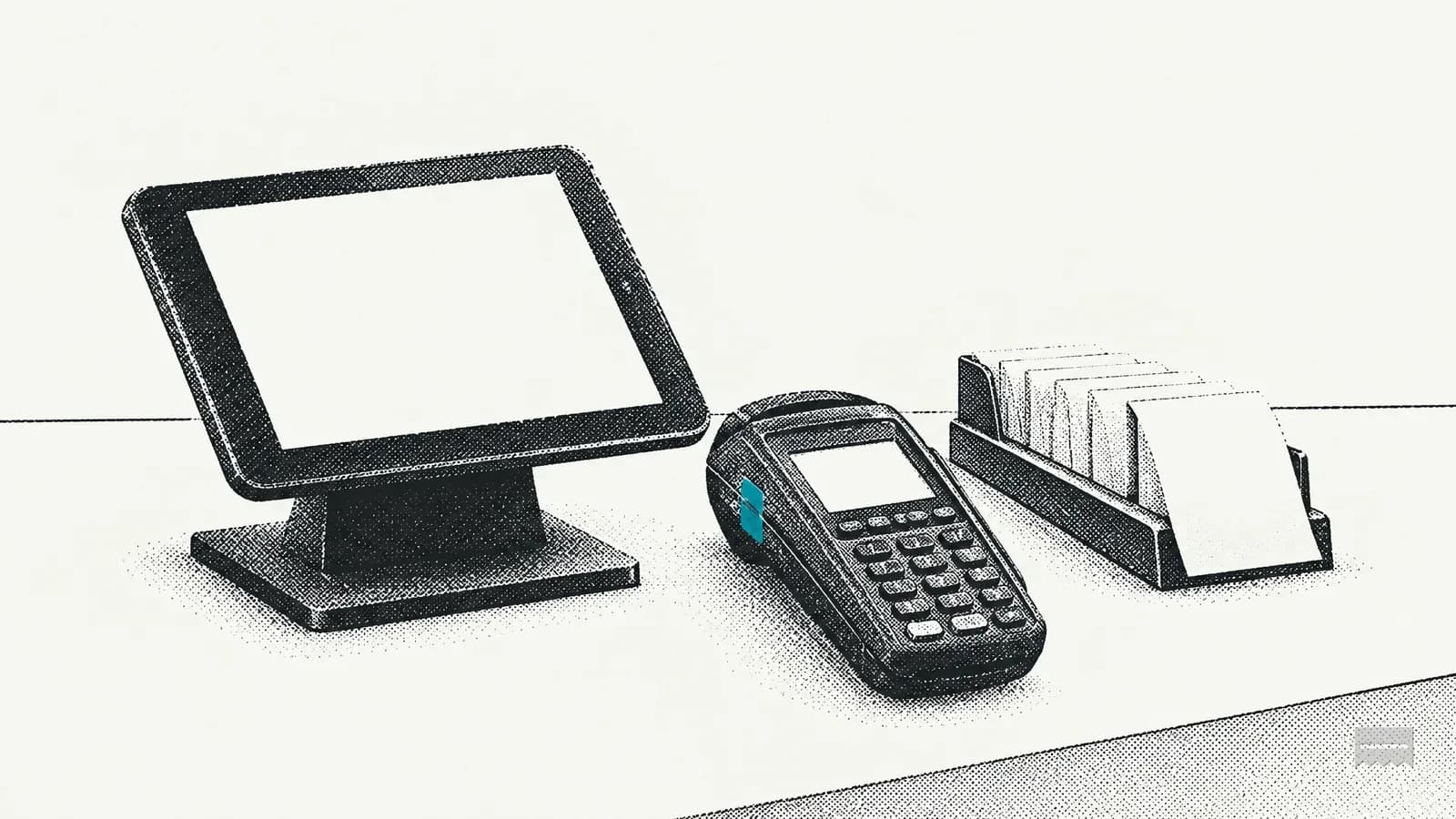Dithered print of a restaurant counter with a tablet on a stand, a handheld terminal and blank order tickets