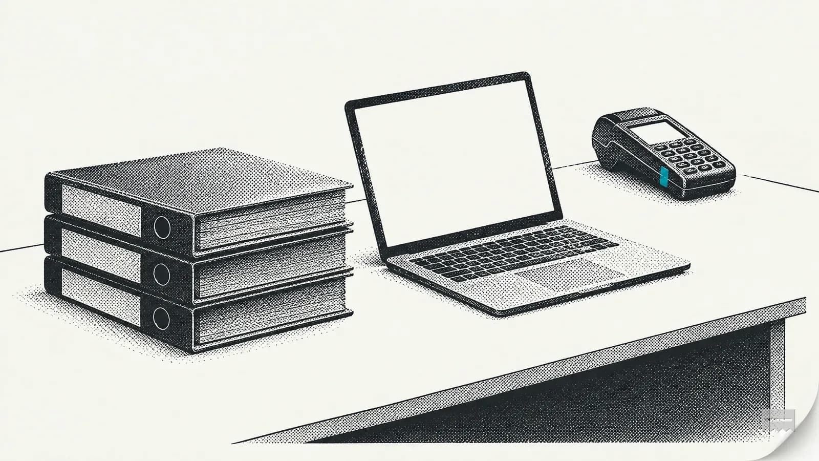 Dithered print of three binders and an open laptop on an office desk