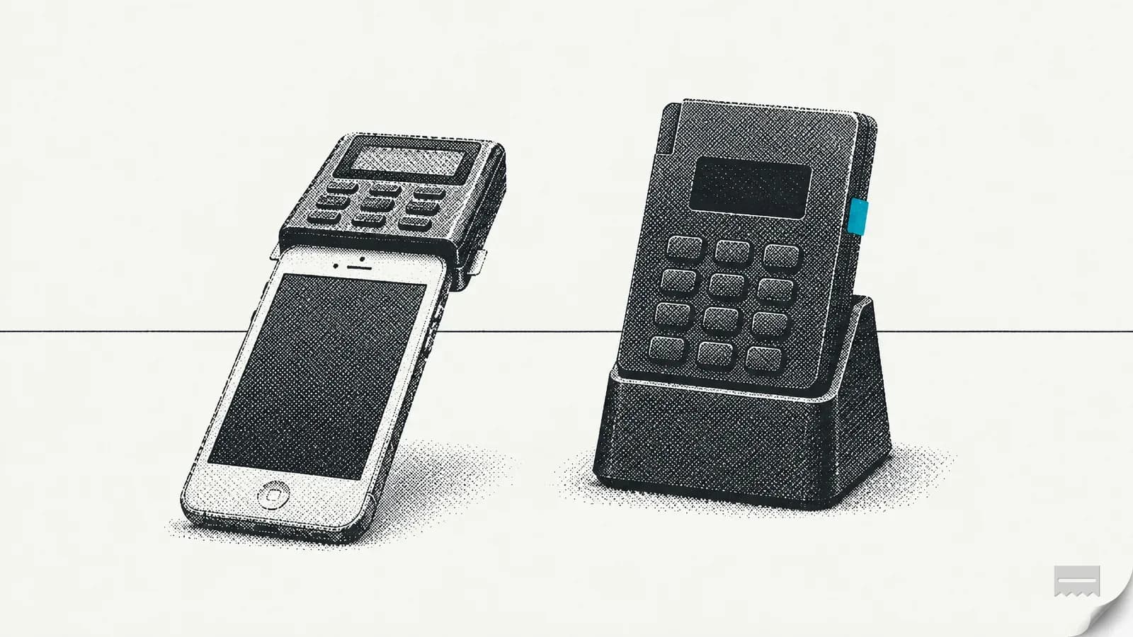 Dithered print of two card readers on a counter, one on a phone and one in a dock